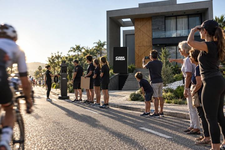 Simulação da calçada em frente à casa, com a torcida vendo a bike passar