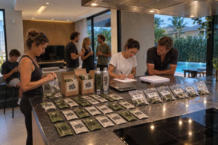 Simulação da cozinha com atletas montando o plano de prova na ilha
