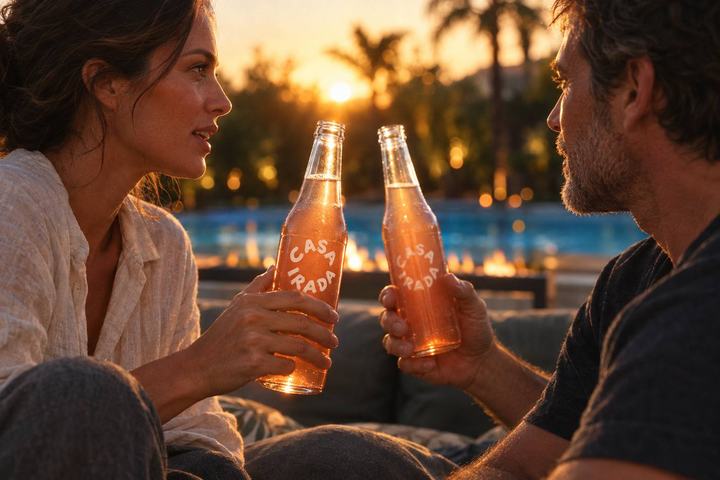 Simulação do lounge ao entardecer, com atletas sentados junto à mesa de fogo
