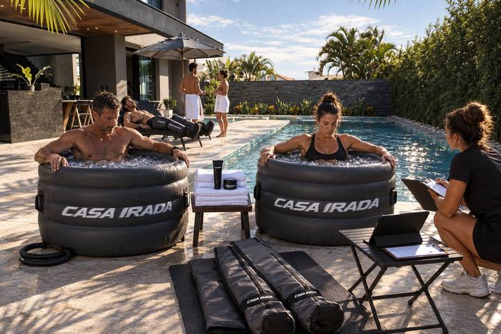 Simulação do deck da piscina com atletas em banheiras de gelo